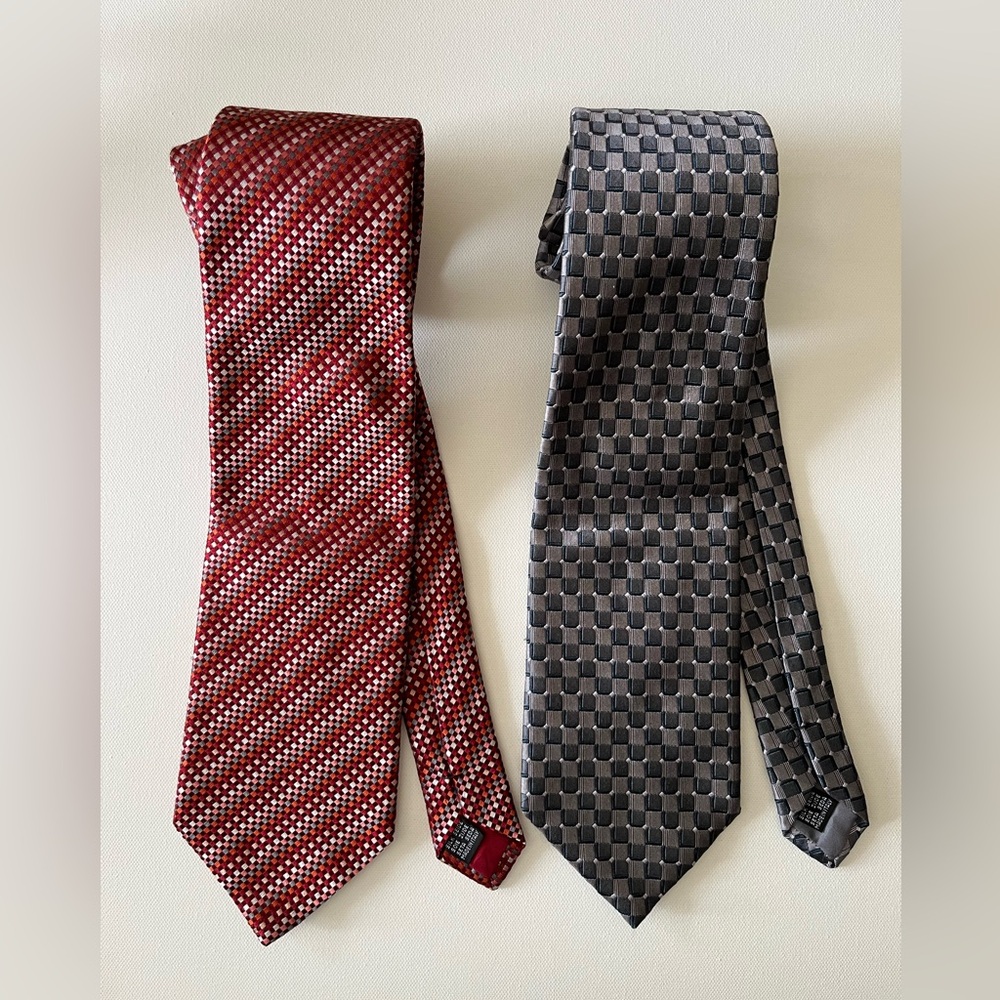 Set of Two Elegant Red and Gray Patterned 100% Silk Ties by Bettini